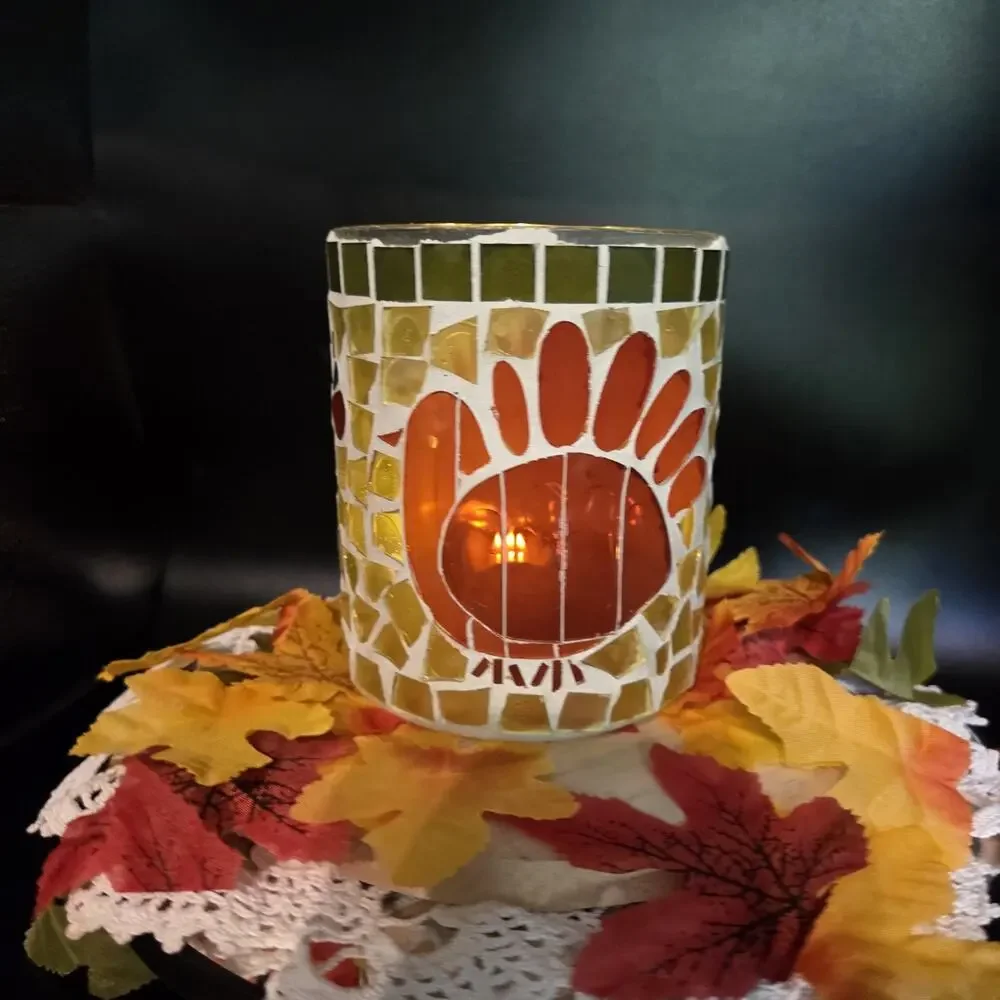 Mosaic Glass Turkey Tealight Candle Holder Orange Red Thanksgiving Centerpiece